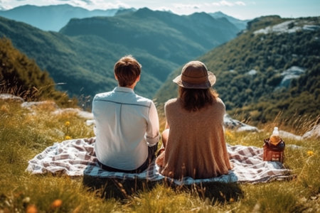 Generative AI : Romantic couple visiting Alpe di Siusi mountains Italy Boyfriend and girlfriend in love enjoying picnic time together  Bright filterの素材