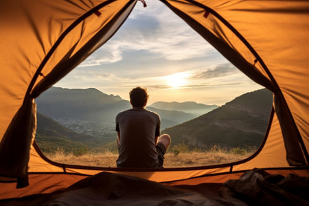 Generative AI : Man lying in a tent with the view of mountains and sunset  Sport travel and lifestyle conceptの素材