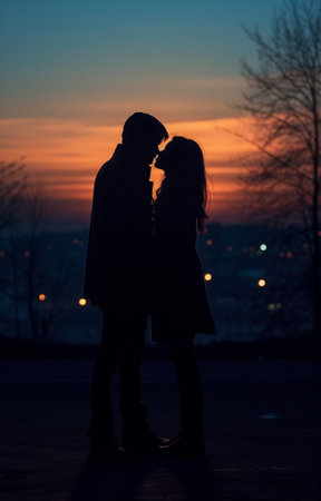 Generative AI : Romantic couple kissing at sunset  Boyfriend and girlfriend in love on a date outdoorの素材
