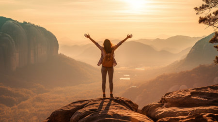 Generative AI : Traveler woman with backpack on the top of the cliff pointing to the sunset on an beatiful landscapeの素材