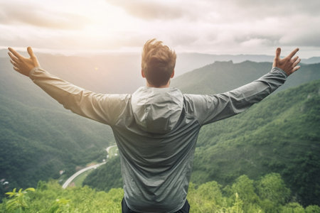 Generative AI : Hiker with arms up standing on the top of the mountain  Successful man enjoying triumph  Sport and success conceptの素材