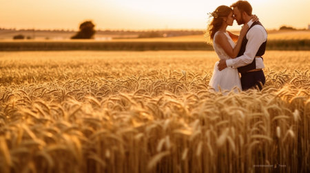 Generative AI : Romantic couple kissing at sunset on a wheat fieldの素材