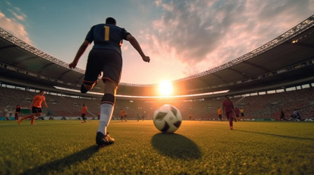 Generative AI : Soccer player is training alone at the stadium at sunset Concept about soccer sport people and lifestyleの素材