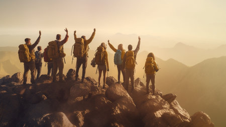 Generative AI : Inspiration and trekking concept Group of hikers climbing a mountain at vacation Hiker man standing at the top of the volcano looking the panoramaの素材