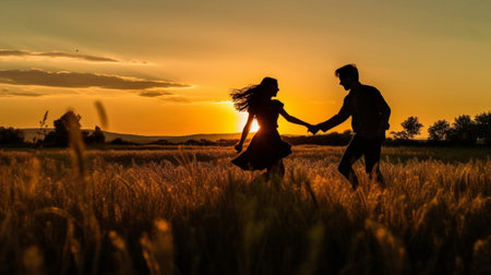 Generative AI : Silhouette of a couple in love jumping with raised arms on a wheat field at sunsetの素材