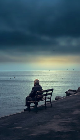 Generative AI : Sad old man sitting by the sea Concept about people sadness and lonelinessの素材