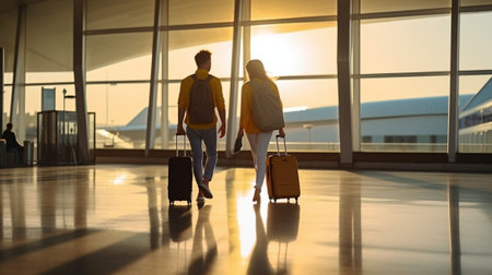 Generative AI : Shot of young couple holding hands and running in the city carrying suitcase at holidayの素材