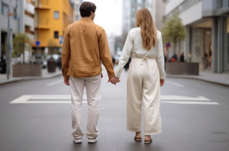 Generative AI : couple in loves hand in hand outdoor  caucasian peopleの素材