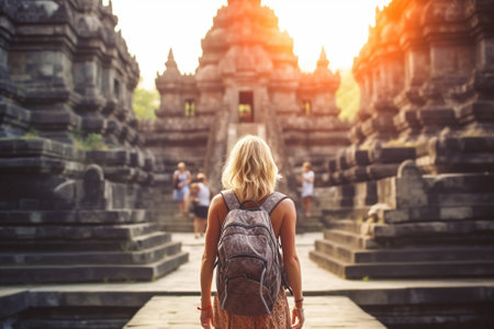 Generative AI : Woman with backpack exploring Bali Indonesiaの素材