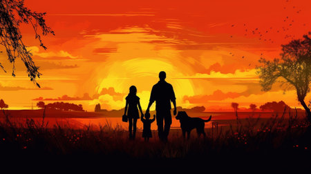 Generative AI : Silhouette of happy family walking in the meadow at sunset  Mother father and child son having fun outdoors enjoying time together  Family love mental health and haの素材