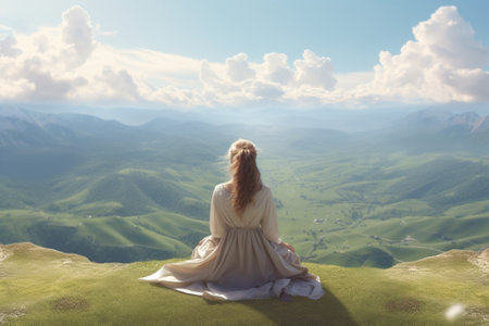 Generative AI : Woman alone sitting on the mountain looking at the sun valleyの素材