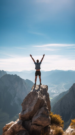 Generative AI : Successful hiker man jumping on the top of the mountain  Successful business and sport conceptの素材