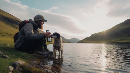 Generative AI : hiker in the mountains drinking water from his water bottle  caucasian people  people drink and nature conceptの素材