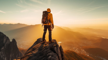 Generative AI : Successful man hiking mountains  Hiker with backpack climbing on the top of the rock at sunset  Success sport and motivational conceptの素材