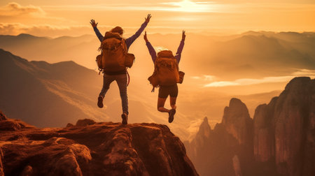 Generative AI : Two hikers jumping on the top of the mountain raising arms up enjoying sunset valley viewの素材