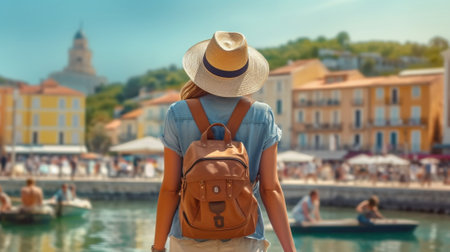 Generative AI : Portrait photography of a beautiful woman with backpack hat and sunglasses walking into the town at vacation Traveller female backpacker smiling at the camera outdoの素材