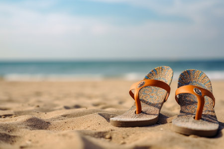 Generative AI : Slippers on the sand of the sea Concept about vacation and summertimeの素材