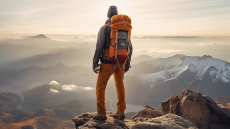 Generative AI : Successful man hiking mountains  Hiker with backpack climbing on the top of the rock at sunset  Success sport and motivational conceptの素材