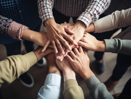 Generative AI : Multicultural group of people stacking hands together  University students putting their hands on top of each other  Human relationship social community startup teaの素材