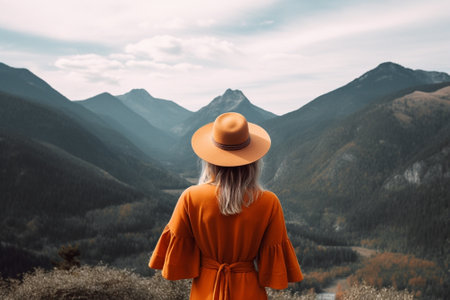 Generative AI : Traveller woman holding hat sitting looking at the nature landscape of the mountains feeling freeの素材