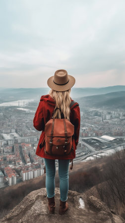 Generative AI : Woman with backpack hiking mountains  Hiker climbing on the top of the cliff  Sport success leadership and lifestyle conceptの素材