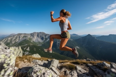Generative AI : Successful hiker hiking on mountain peak Young woman climbing on mountain cliff at summerの素材