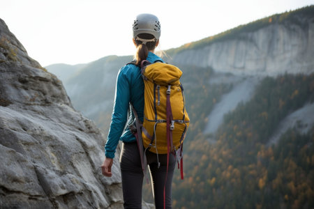 Generative AI : Woman hiker with backpack is climbing in rocky mountain Focus on the shoeの素材