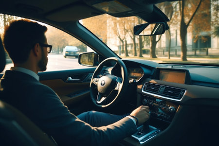 Generative AI : Rear view of man driving car on the highway  Transportation lifestyle conceptの素材