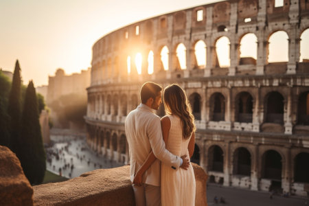 Generative AI : Married couple visiting Colosseum Rome  Happy tourists visiting Italian famous place  Husband and wife taking selfie picture hanging in a romantic date outside  Touの素材