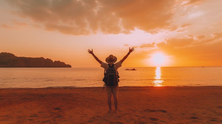 Generative AI : Young man arms outstretched by the sea at sunrise enjoying freedom and life people travel wellbeing conceptの素材