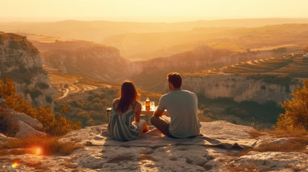 Generative AI : Young couple of tourist doing picnic on the hill  Lovers on a date outdoorの素材