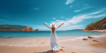 Generative AI : Woman walking on a tropical beach at summertime Inspirational people and nature conceptの素材