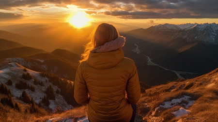 Generative AI : Woman alone sitting on the mountain looking at the sun valleyの素材