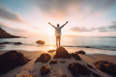Generative AI : Young man arms outstretched by the sea at sunrise enjoying freedom and life people travel wellbeing conceptの素材
