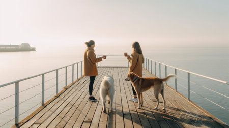 Generative AI : loving couple playing with their dog at sea  caucasian people  people animal and lifestle conceptの素材