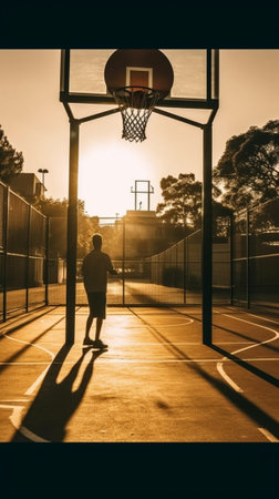 Generative AI : Street basketball player making a powerful slam dunk on the court  Athletic male training outdoor at sunset  Sport and competition conceptの素材