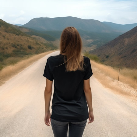Generative AI : Traveller woman walking alone on the road at the mountain destinationの素材