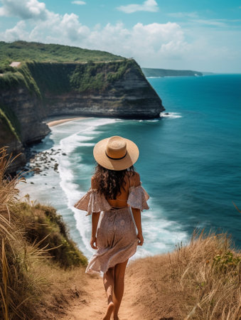 Generative AI : Woman traveller with hat and backpack looking the beautiful landscape of Bali Indonesia Wanderlust and lifestyle conceptの素材
