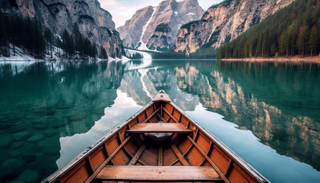 Generative AI : Tourist woman in traditional wooden rowing boat on italian alpine Braies Lake  Girl enjoying stunning view of Lago di Braies in Dolomites South Tyrol Italy Europeの素材