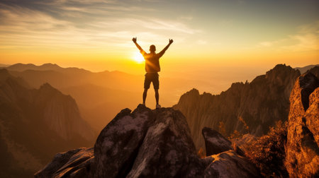 Generative AI : Successul hiker raising arms on the top of the mountain at sunset  Happy man enjoying lifeの素材