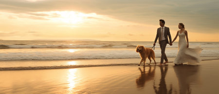 Generative AI : Young couple in love with dog walking at the beach and kissingの素材