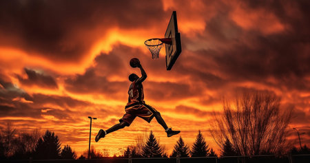 Generative AI : Street basketball player making a powerful slam dunk on the court  Athletic male training outdoor at sunset  Sport and competition conceptの素材
