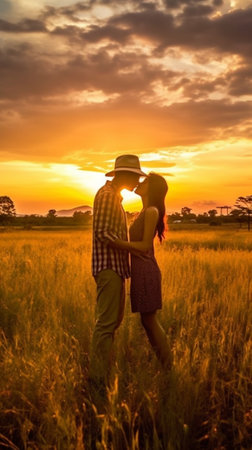Generative AI : Romantic couple taking a selfie and kissing on a field at vacationの素材