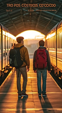 Generative AI : Loving tourists holding suitcases at the train station Two young person are ready to get on the train and begin their journeyの素材