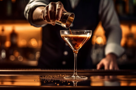 Generative AI : Barman making cocktail at night club  Bartender pouring alcohol from shaker into martini glass  Beverage life style conceptの素材