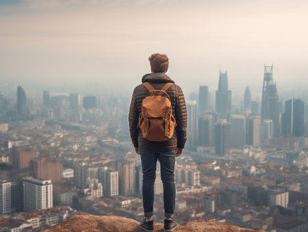Generative AI : Backpacker just arrived in town looking at the cityscapeの素材