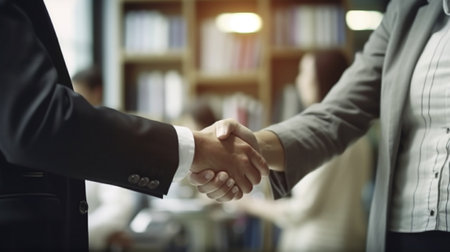 Generative AI : Businessman And Businesswoman Shaking Hands In Officeの素材