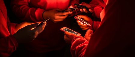 Generative AI : Close up of group of young people with smartphones in the hands Young people addiction to new technology trendsの素材