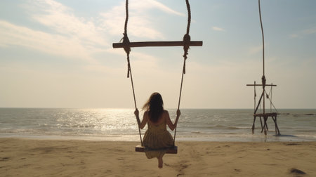 Generative AI : Beautiful girl enjoying freedom on swing in Bali Indonesiaの素材