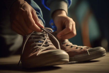 Generative AI : Close up of a black man hands tying shoelaces before training startsの素材